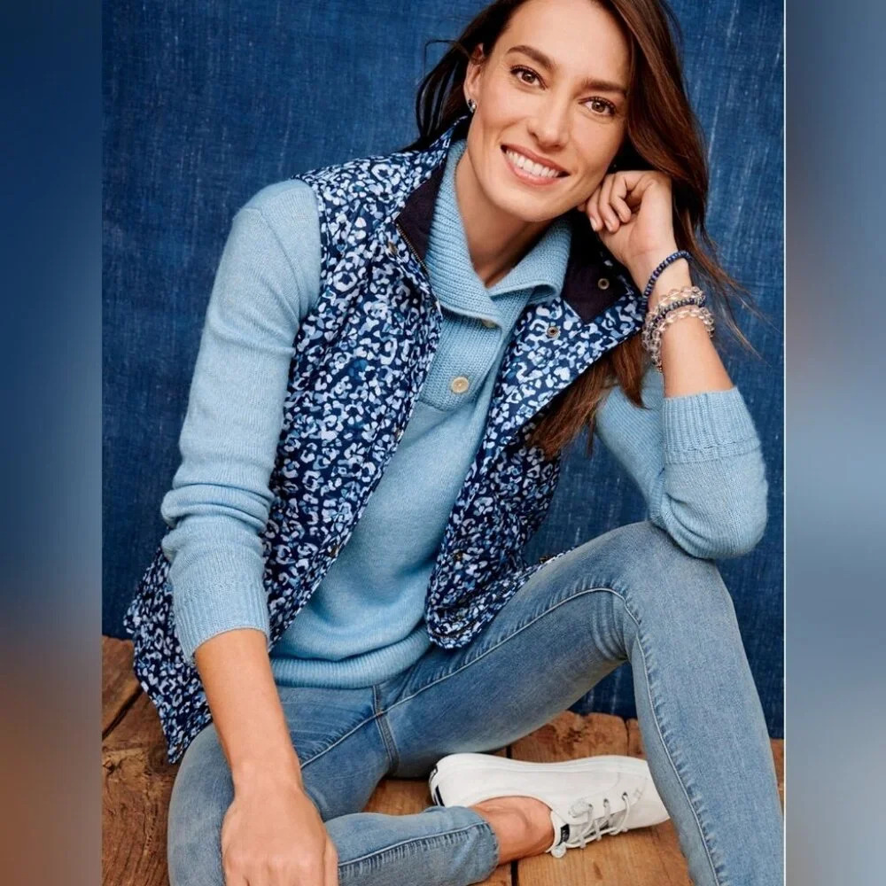 Talbots Quilted Blue Abstract Leopard Diamond Print Vest Size Large Petites